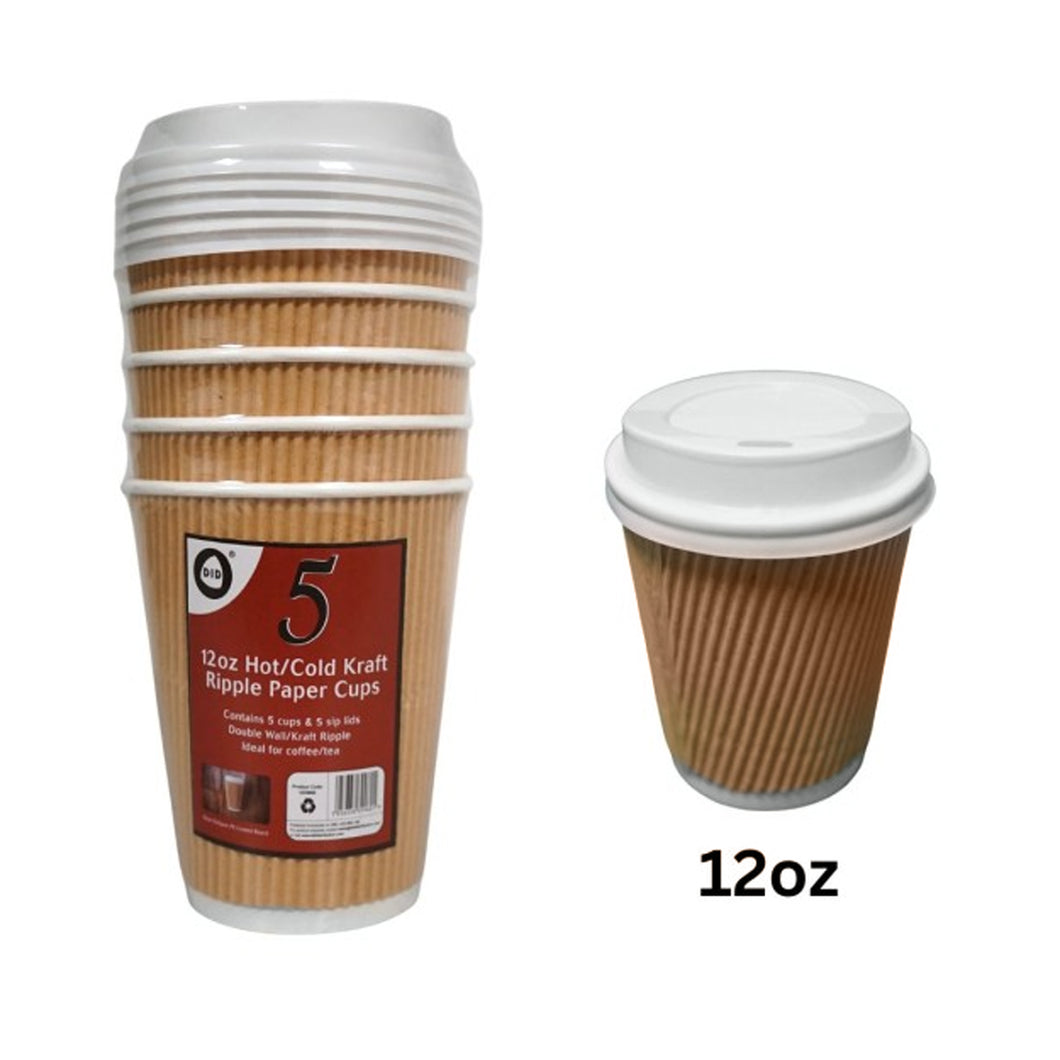 Ripple Paper Cups & Lids 12oz Disposable 5 Pack
