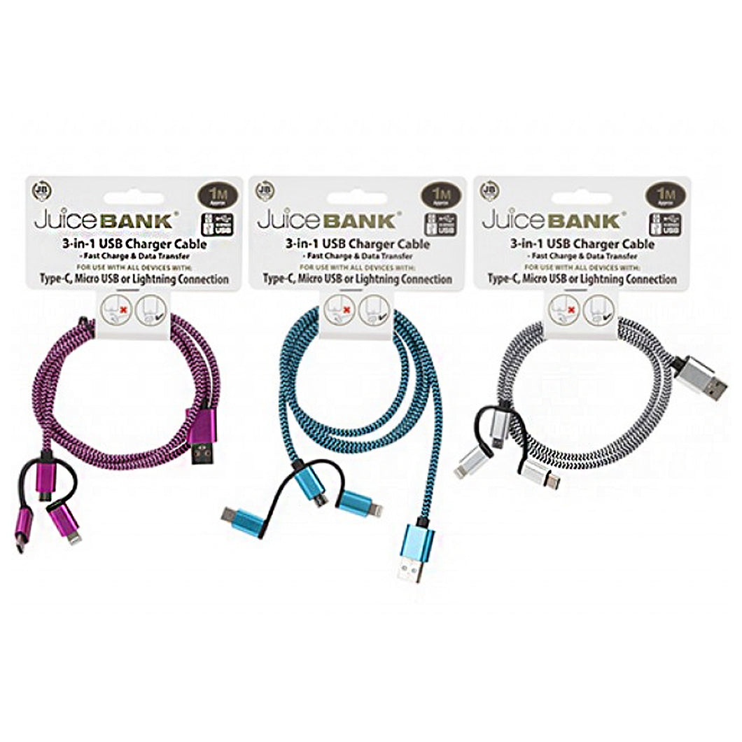Juice Bank 3in1 Charging Cable 1M Assorted