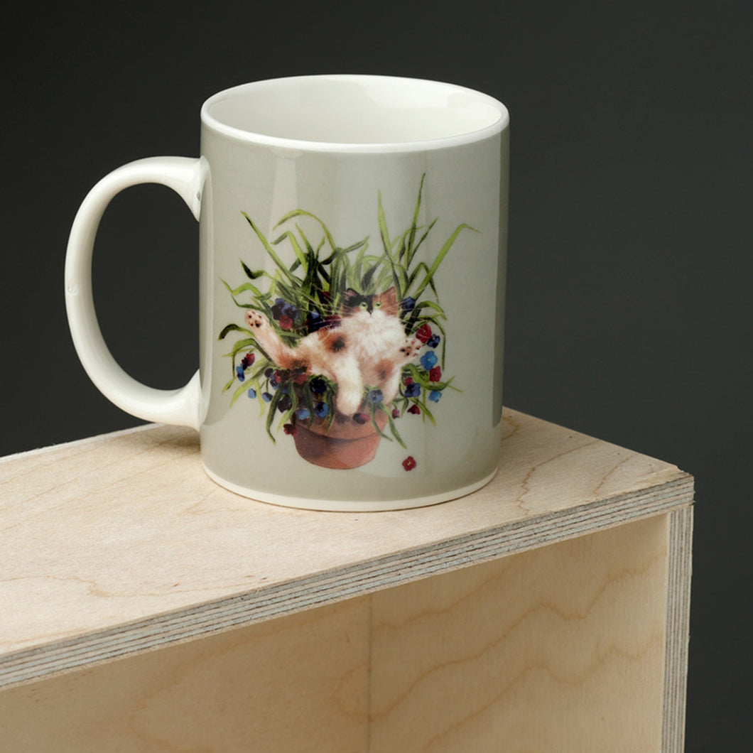 Kim Haskins Green Cat in Plant Pot Mug
