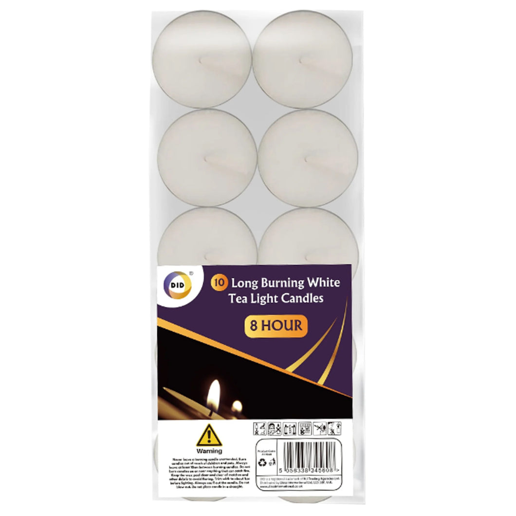 DID Long Burning White Tea Light Candles 10 Pack