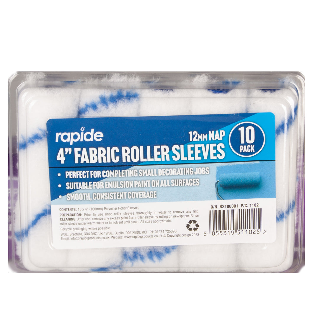 Rapide 4'' 12mm Nap Fabric Roller Paint Sleeves 10 Pack