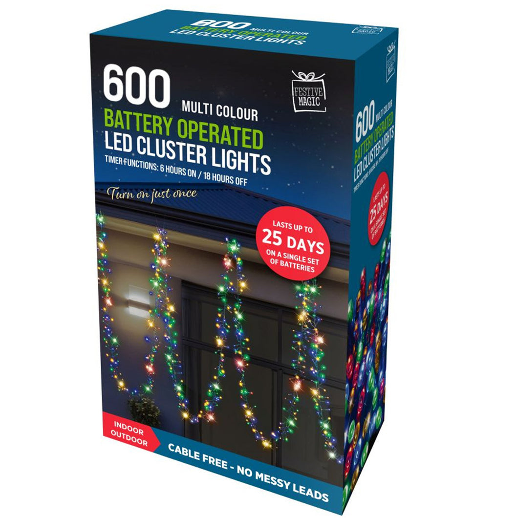 Festive Magic 600 Multi-Coloured Battery Operated LED Cluster Christmas Lights