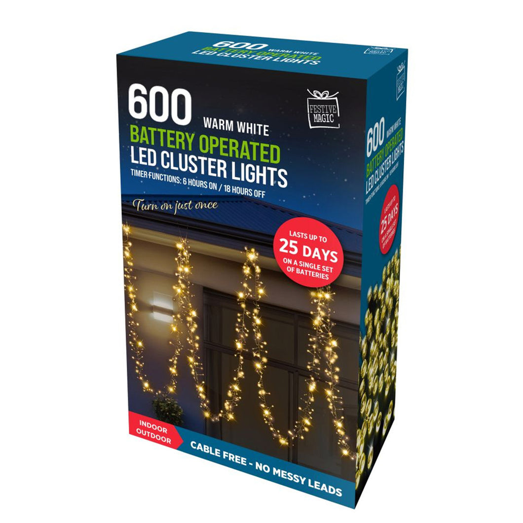 Festive Magic 600 Warm White Battery Operated LED Cluster Christmas Lights