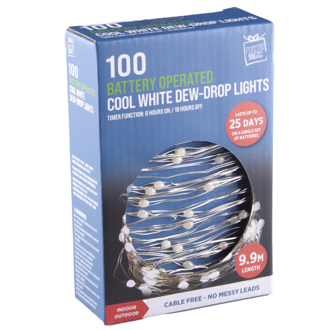 Festive Magic Battery Operated Cool White 100 Dew-Drop Christmas Lights