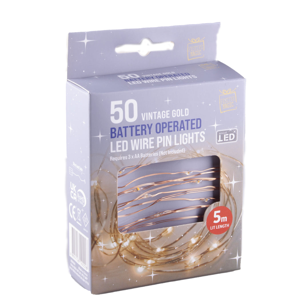 Festive Magic 50 Vintage Gold Battery Operated LED Wire Pin Lights