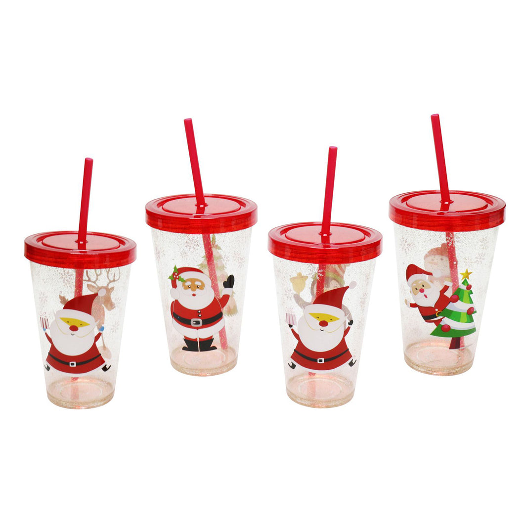 Christmas Glitter Cup With Straw 550ml Assorted