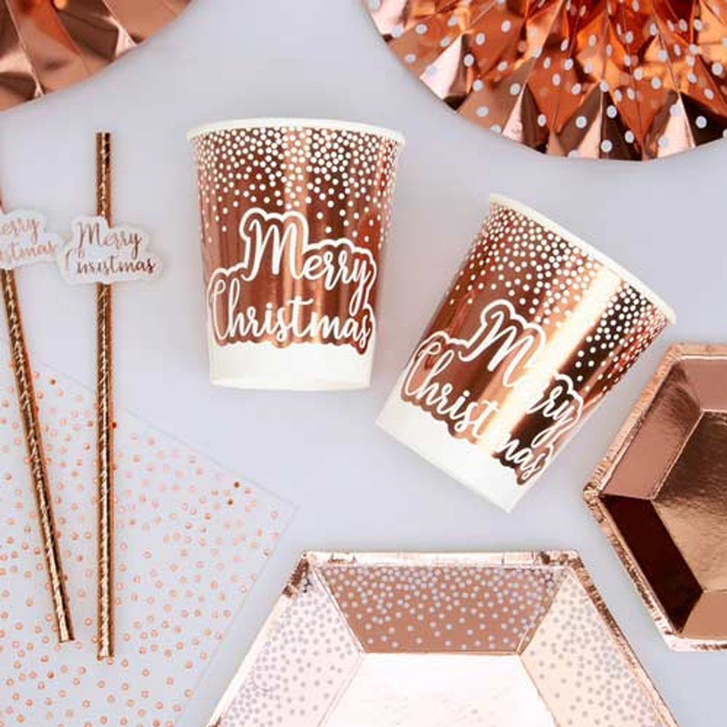 Foil Rose Gold Merry Christmas Paper Cups 8 Pack