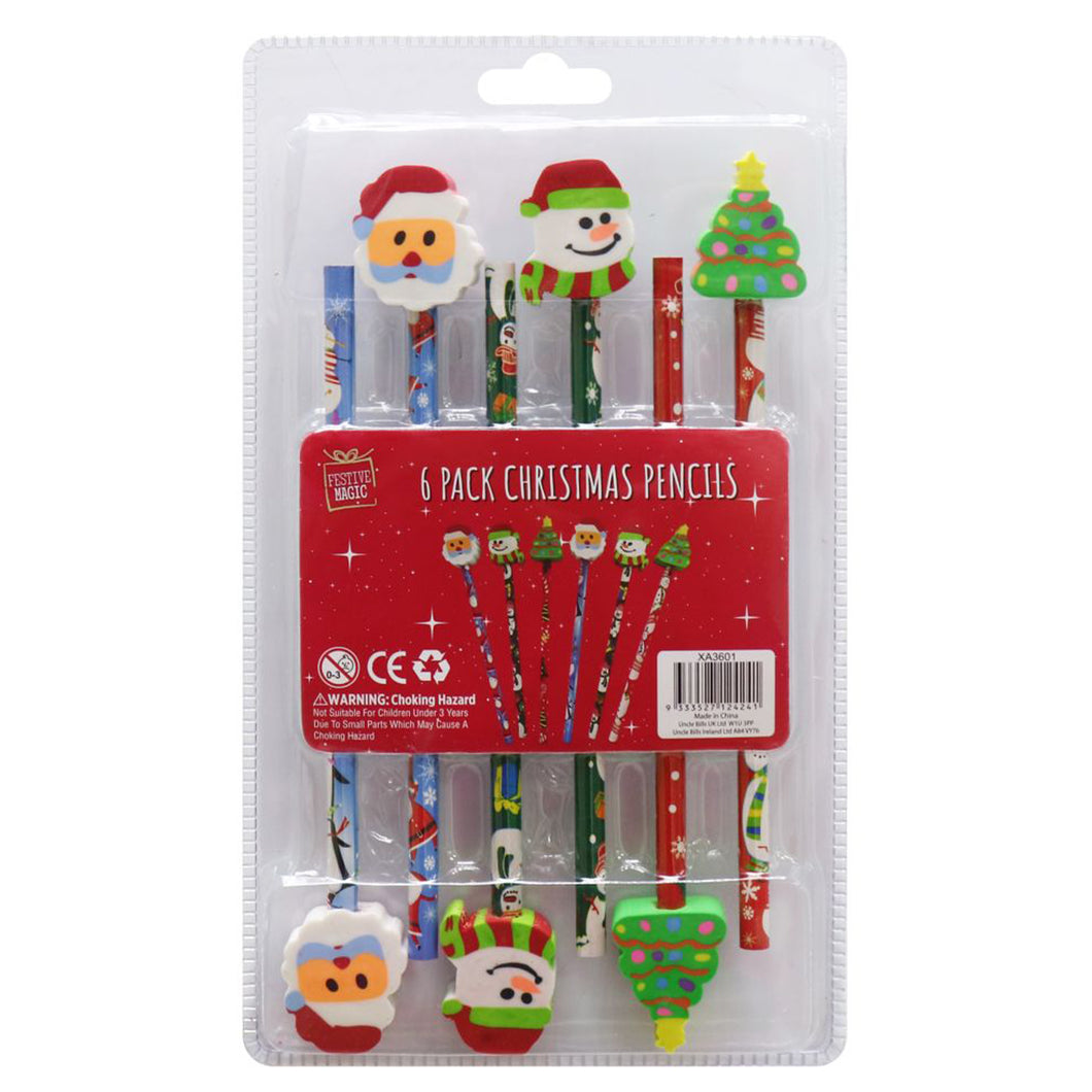 Festive Magic Christmas Pencils With Erasers 6 Pack