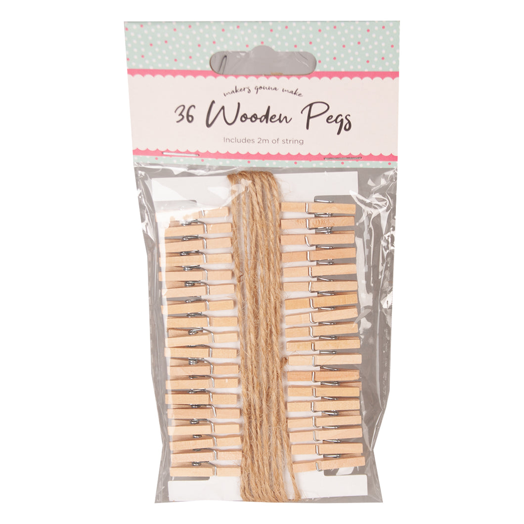 36 Mini Wooden Pegs with 2m String