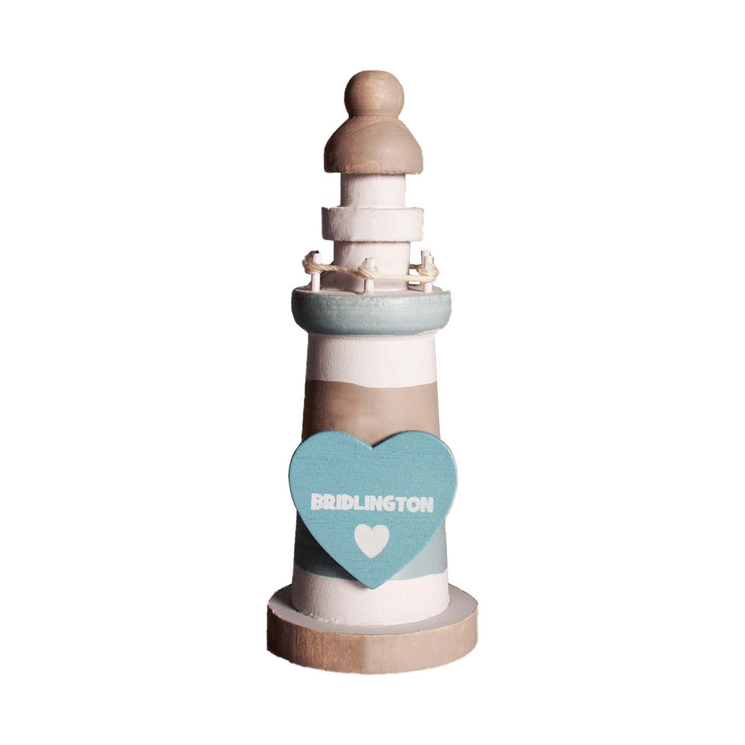 Small wooden lighthouse with blue heart containing the text 'Bridlington@
