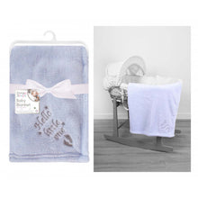 Load image into Gallery viewer, Blue baby blanket with &#39;Hello Little One&#39; embroidered onto it
