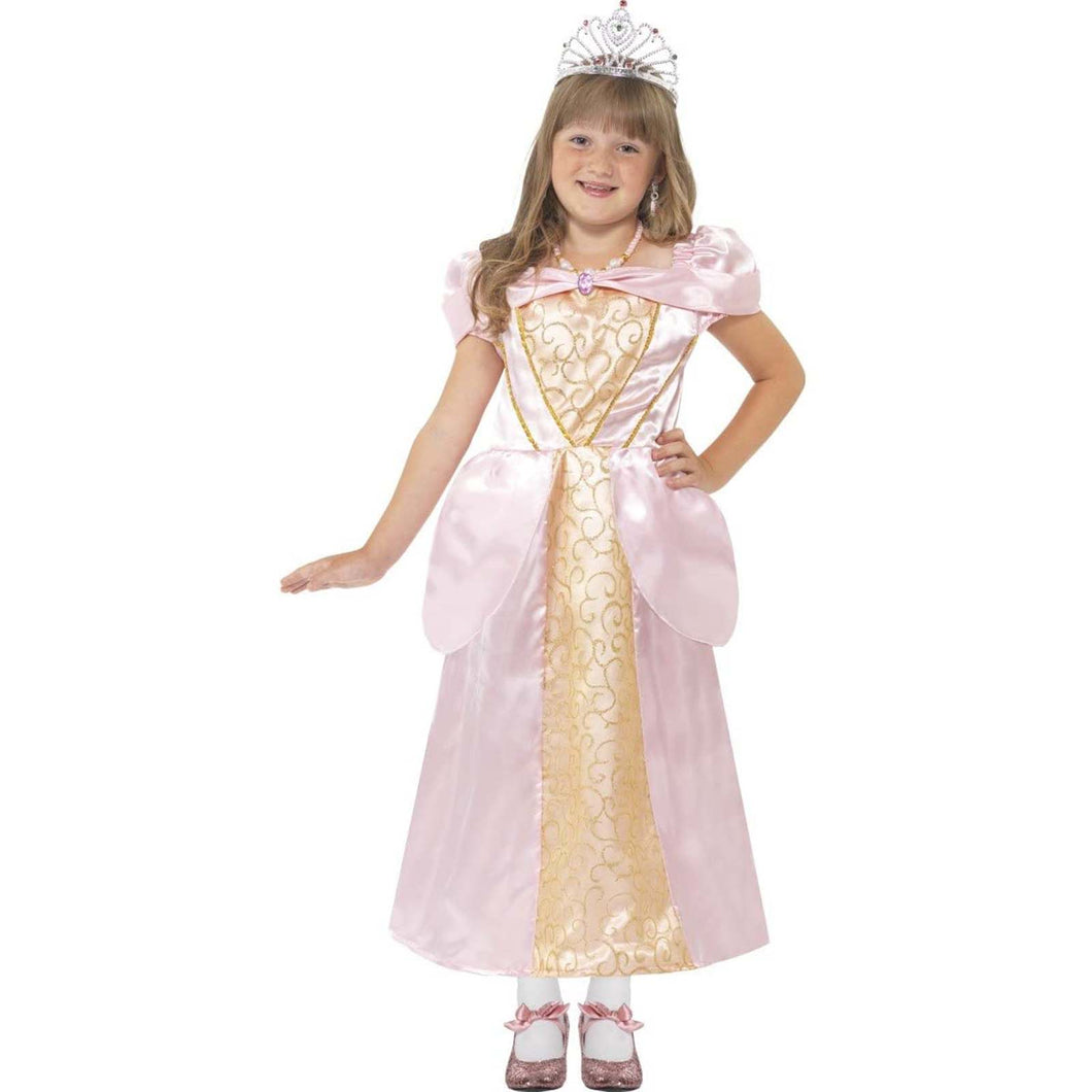 A young girl wearing a pink and gold Princess dress