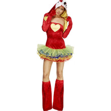 Load image into Gallery viewer, Woman wearing a red dress with a multicoloured tutu skirt, and a jacket made to look like a parrot with its hood
