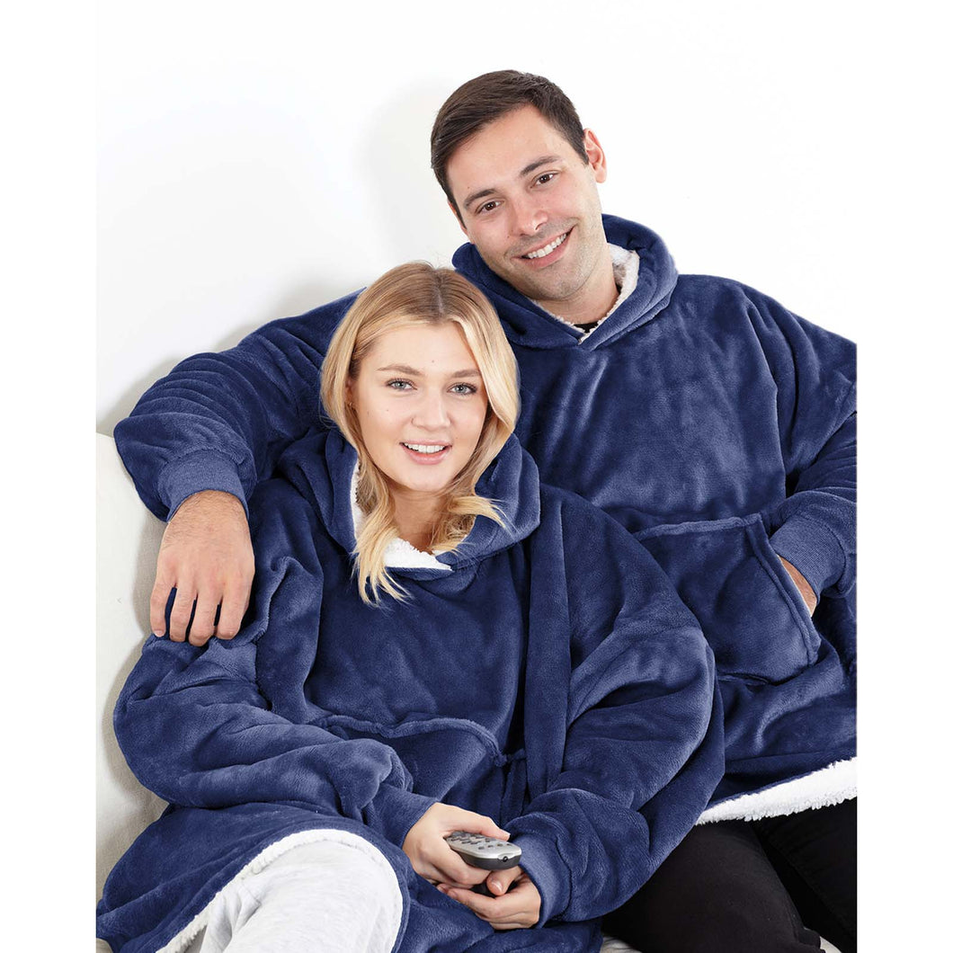 2 people wearing navy sherpa lined blanket hoodies
