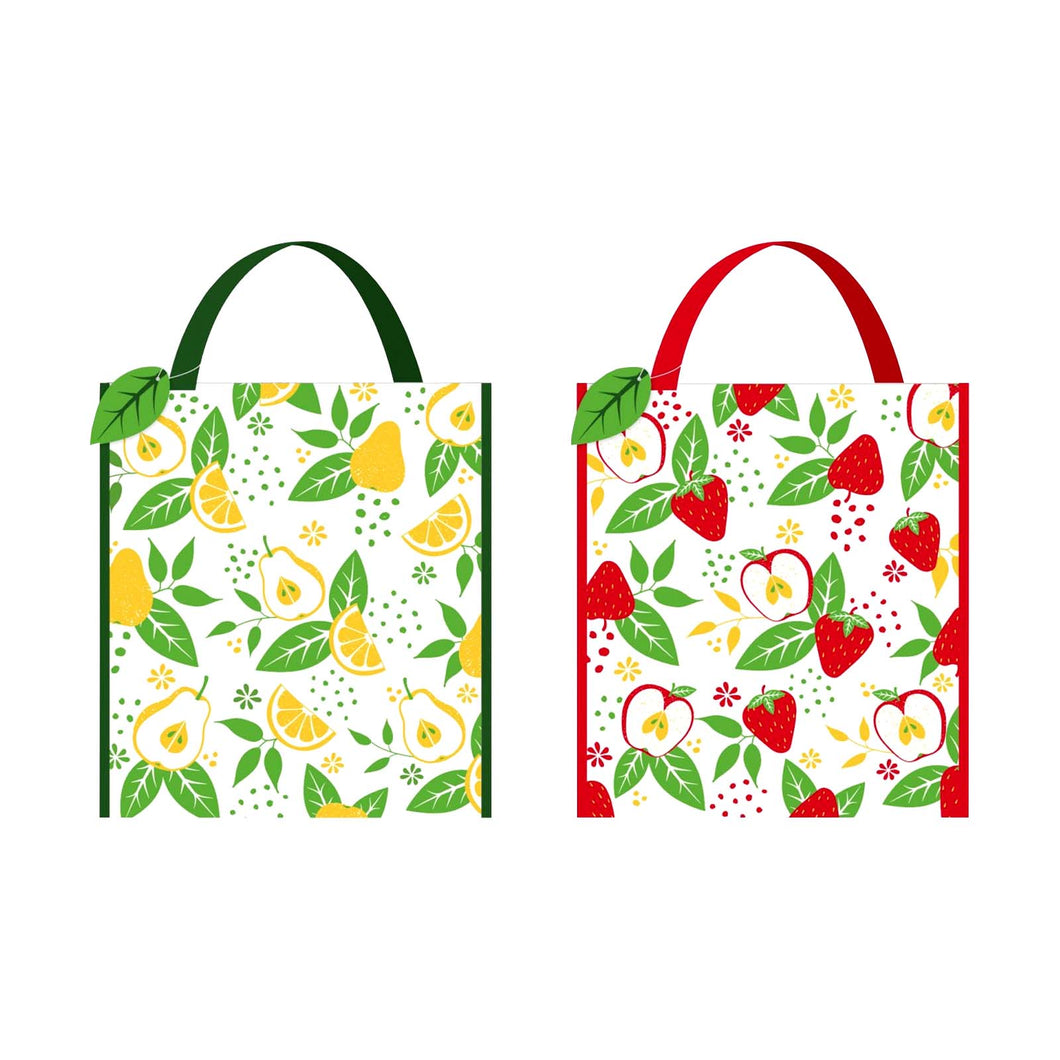 Showing two reusable bags with assorted fruit designs