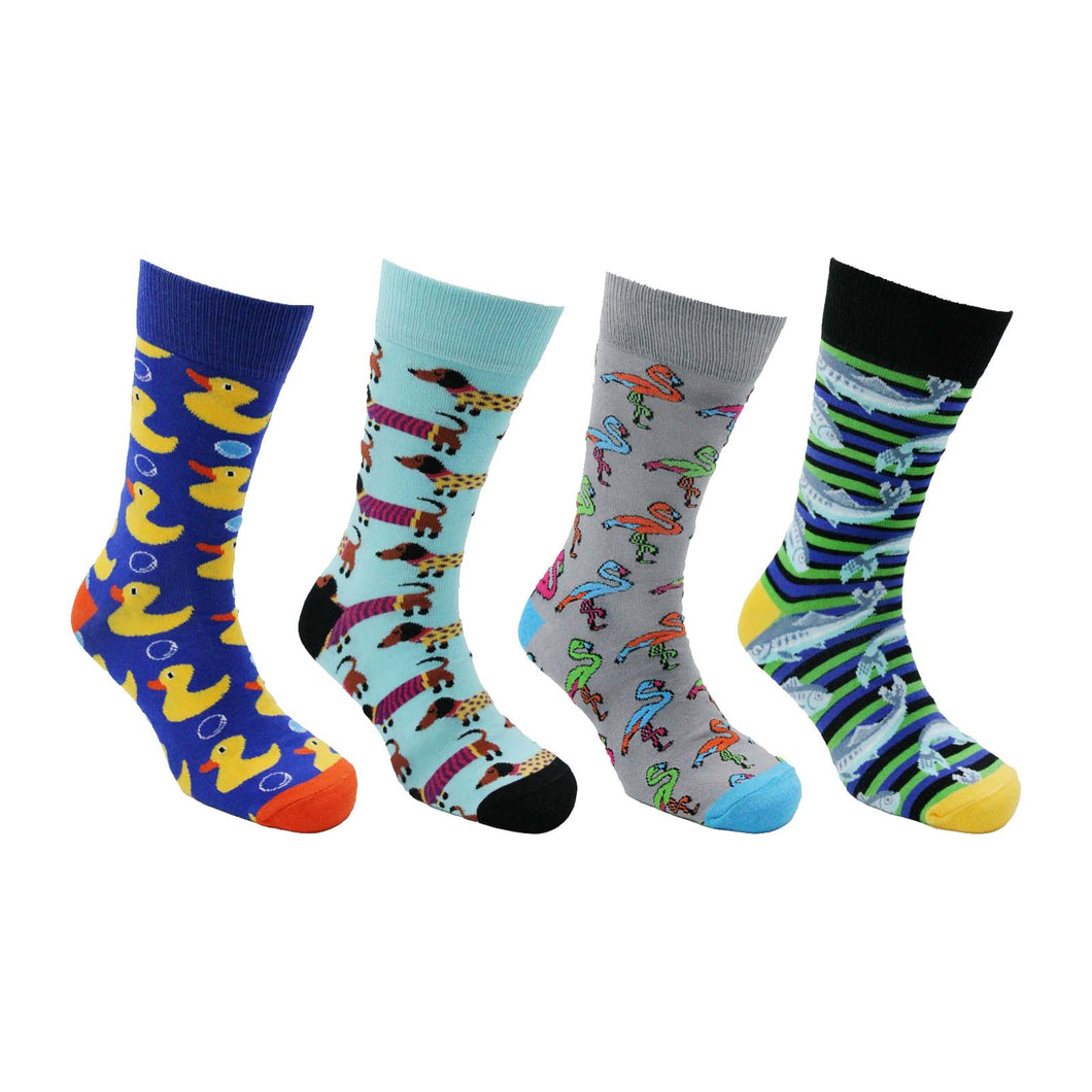 Pack of 4 socks including the designs; duck, dog, flamingo, and fish