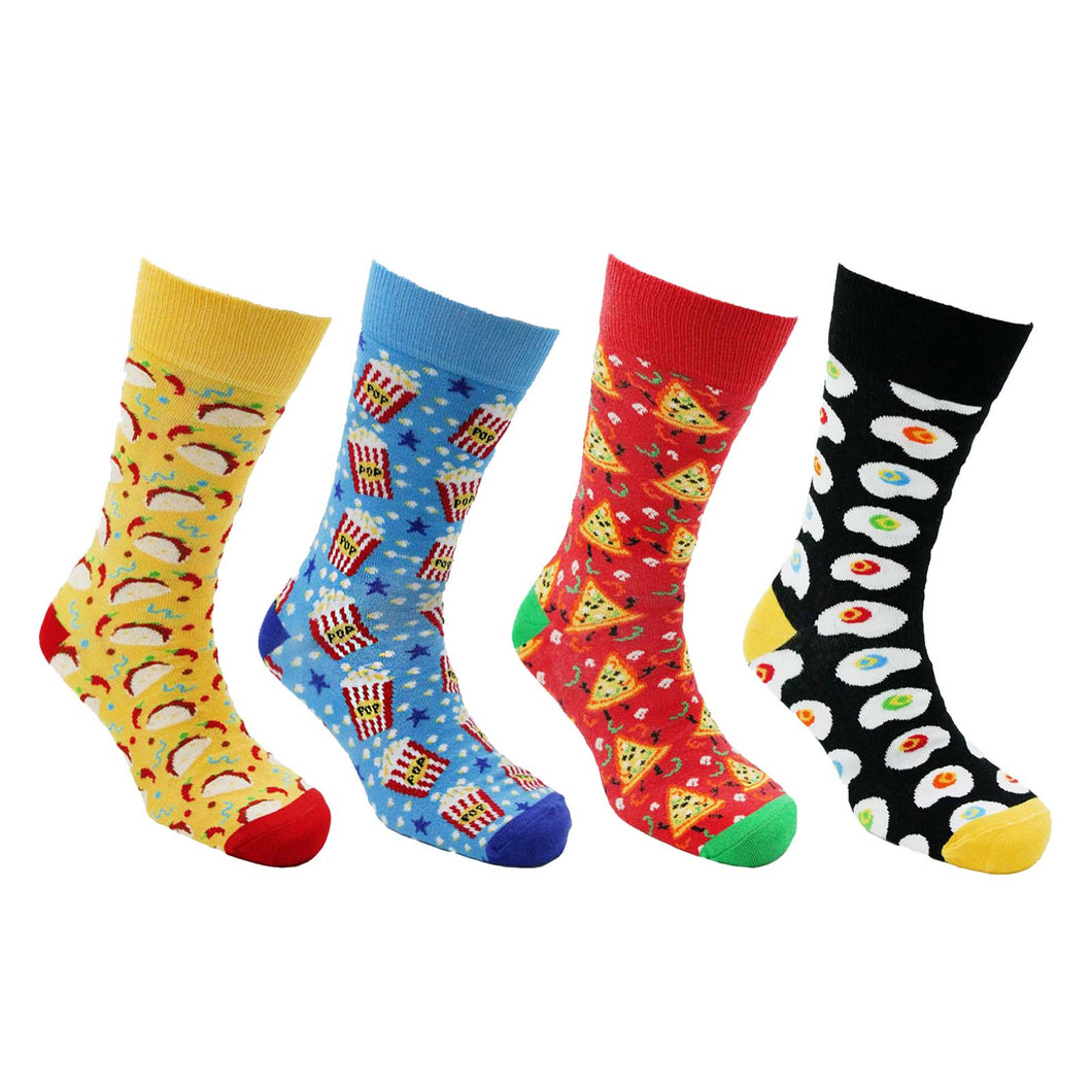 4 pack of socks with the designs; tacos, popcorn, pizza, and eggs