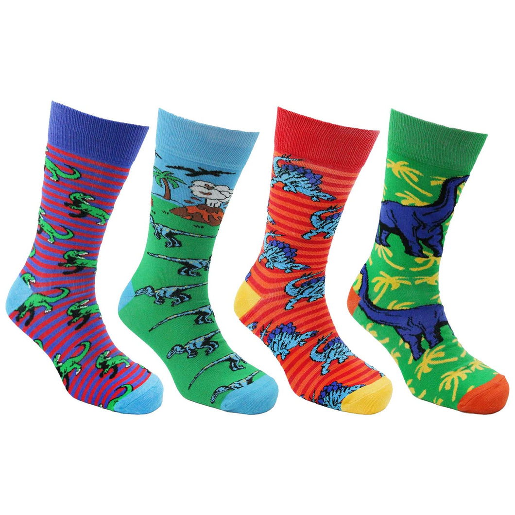 4 pack of socks with different dinosaur designs on each