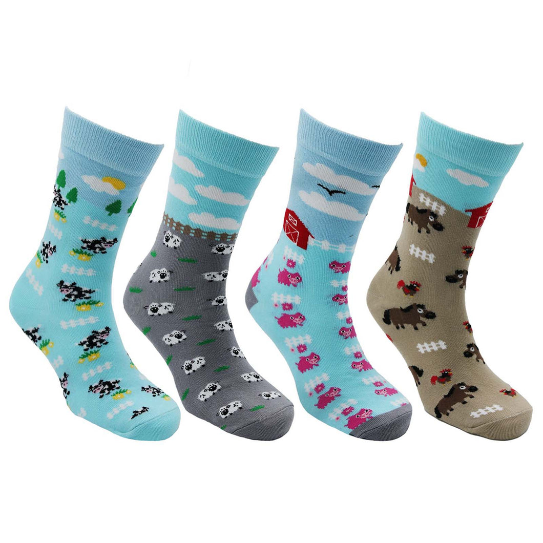 4 pack of socks showing cows, sheep, pigs, and horses