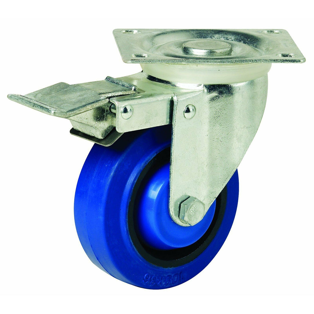 Castor-Brake Blue Swivel Plate Wheel 75mm