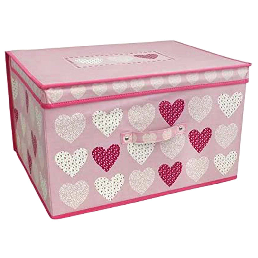 Fabric storage chest with pink hearts design