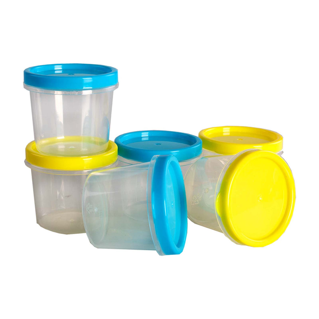 6 small plastic dressing containers with green and blue lids