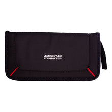 Load image into Gallery viewer, American Tourister travel wallet in black 2 with red diagonal strips at the bottom corners
