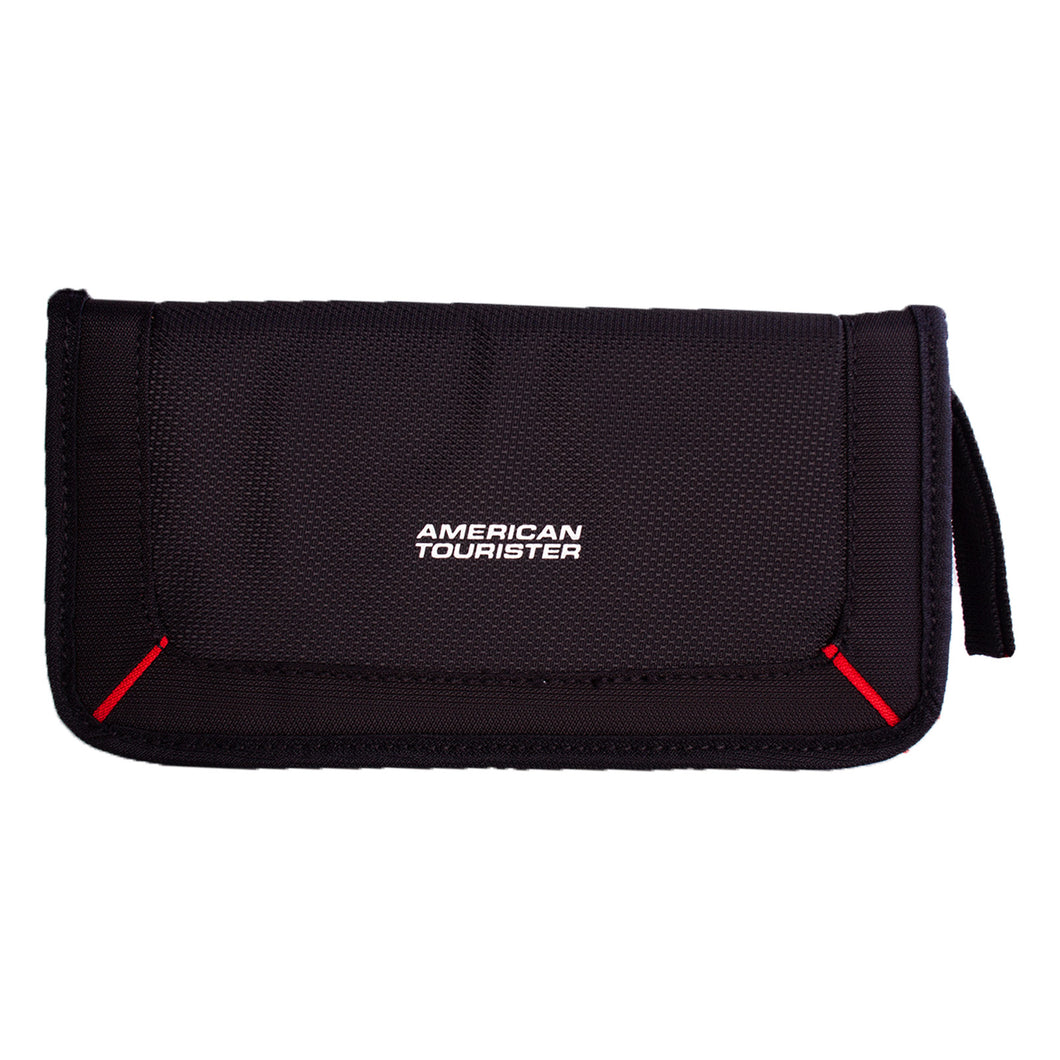 American Tourister travel wallet in black 2 with red diagonal strips at the bottom corners