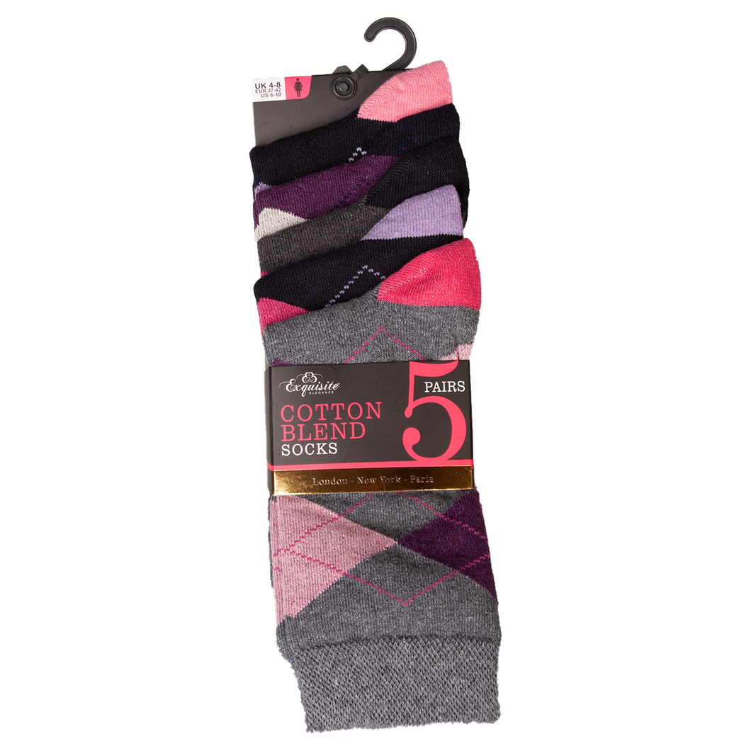 Exquisite Ladies Argyle Cotton Blend Socks 5pk