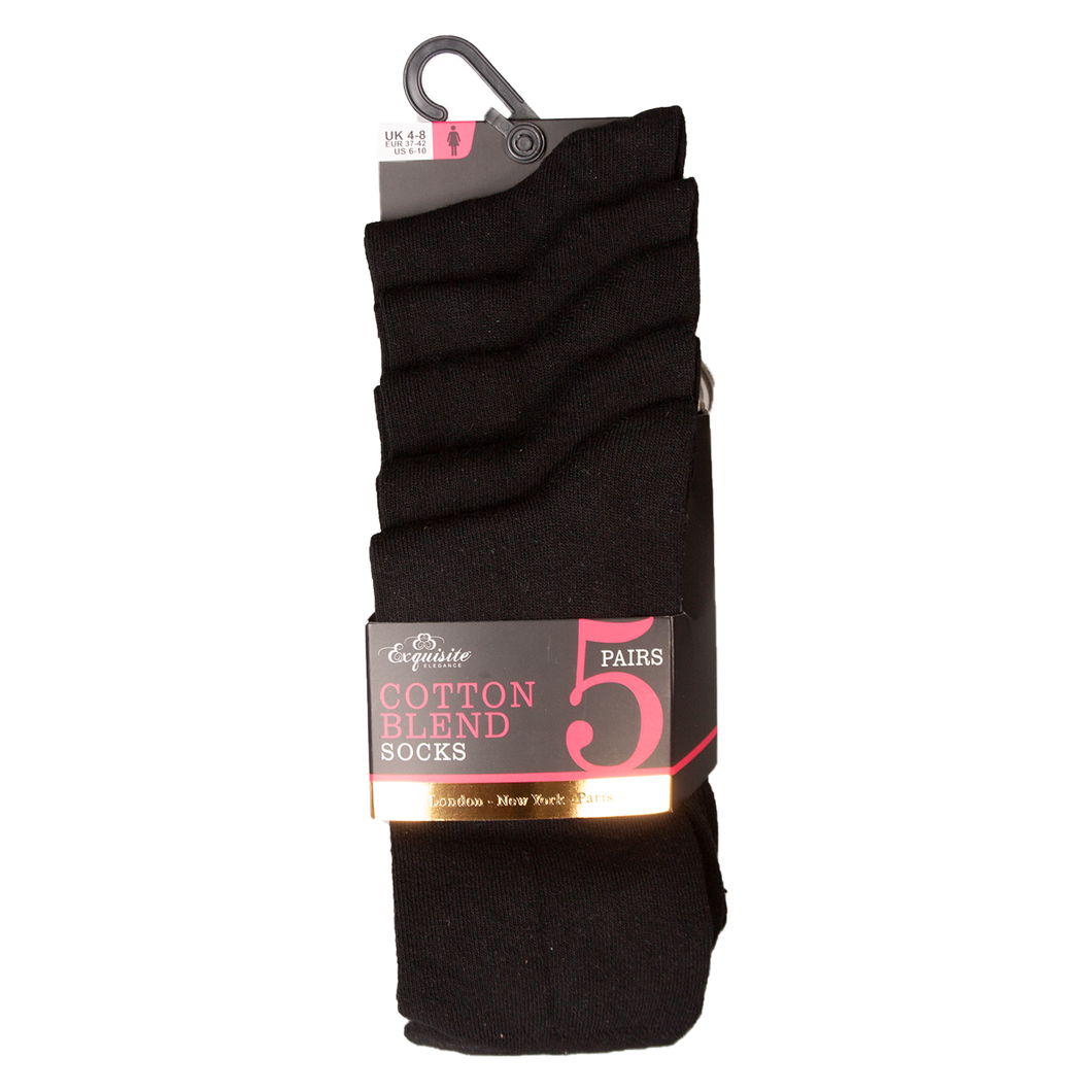Exquisite Ladies Plain Black Cotton Socks 5pk