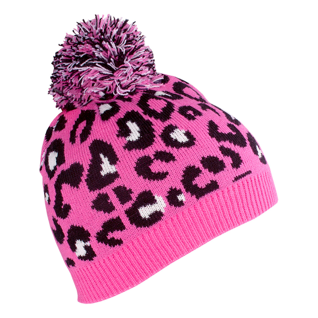 Children's Leopard Print Pink Bobble Hat