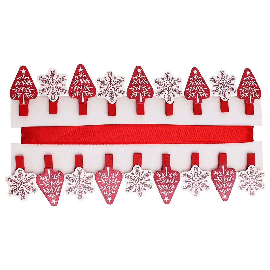 Red and white Christmas card peg holders with a red ribbon