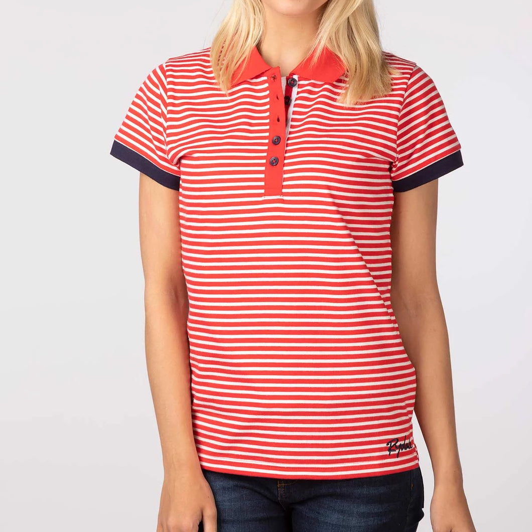 Ladies Polo Shirt With Thin Horizontal Stripes Cherry Red & White