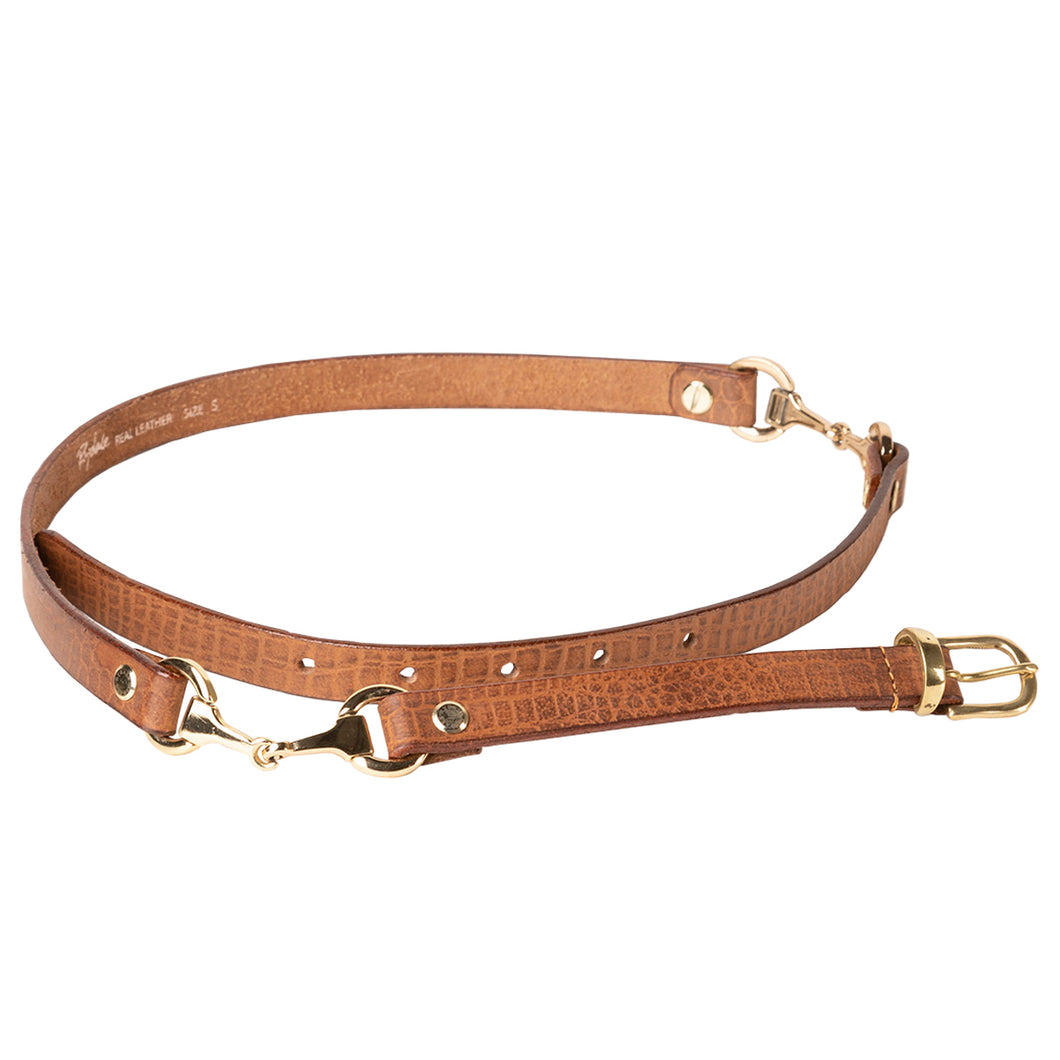 Ladies Tan Leather Croc Print Belt With Snaffle Details