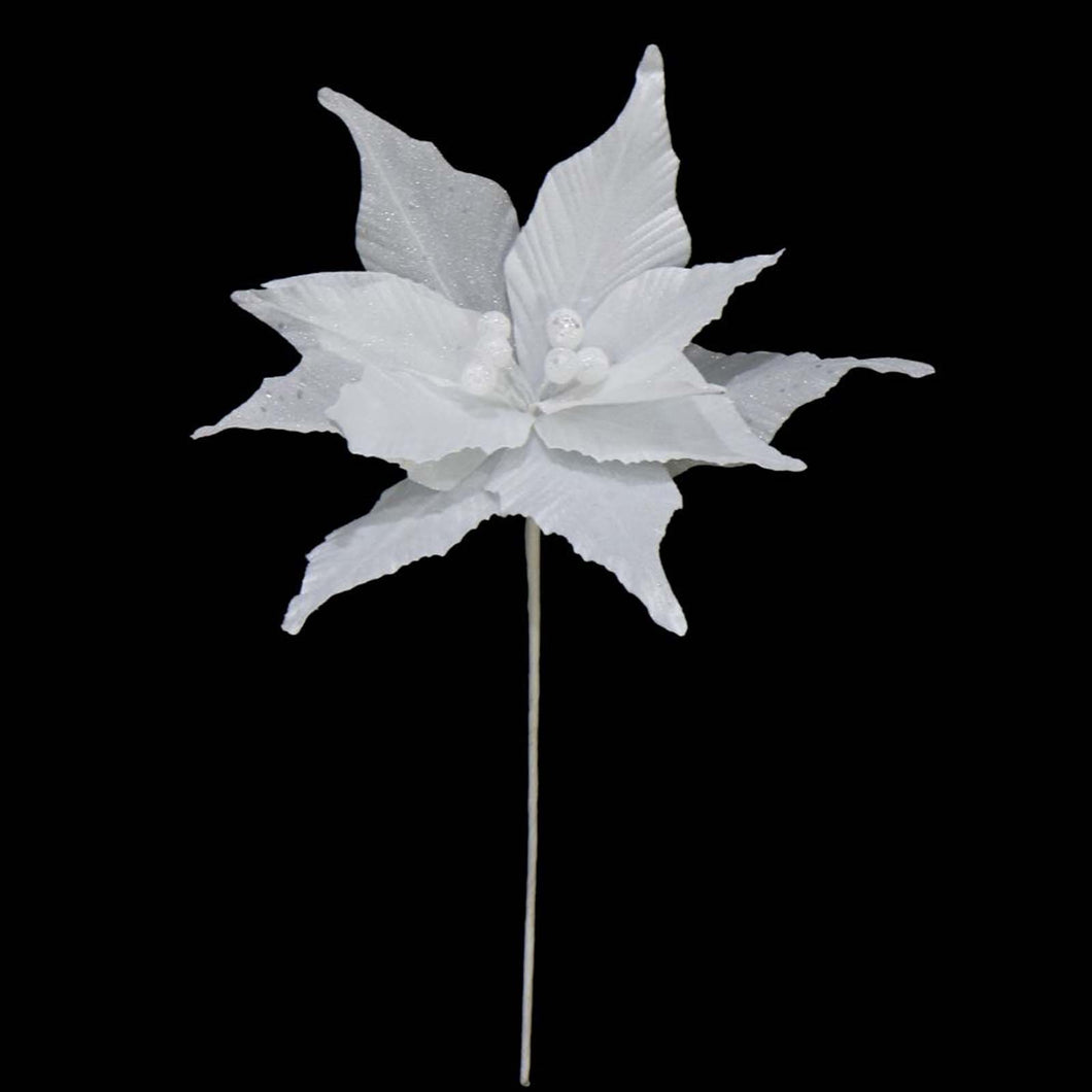 Poinsettia Pick 40cm - White Glitter
