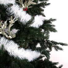 Load image into Gallery viewer, White snow tinsel wrapped around a tree with picks as decorations
