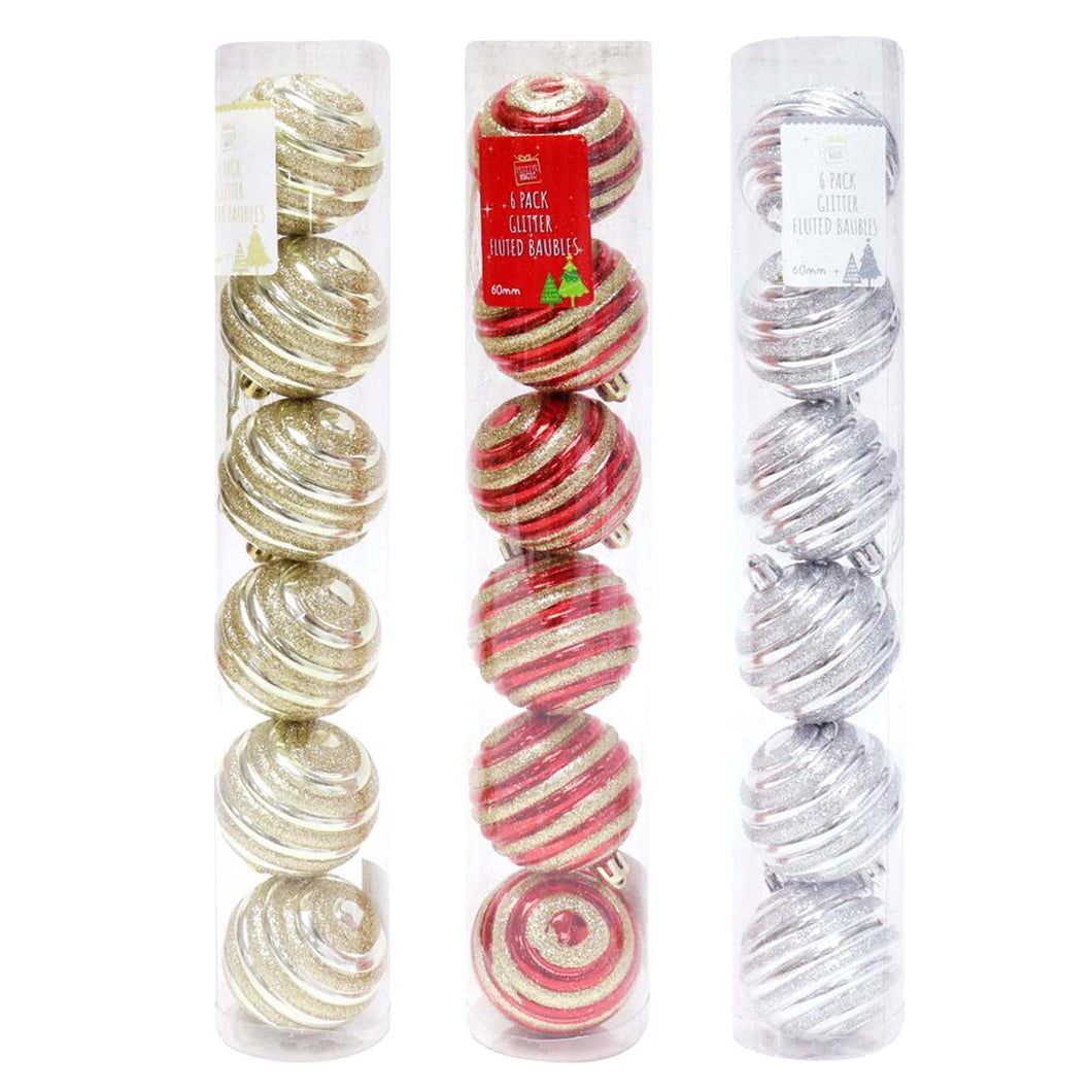 Gold, red, and silver ribbed glitter baubles