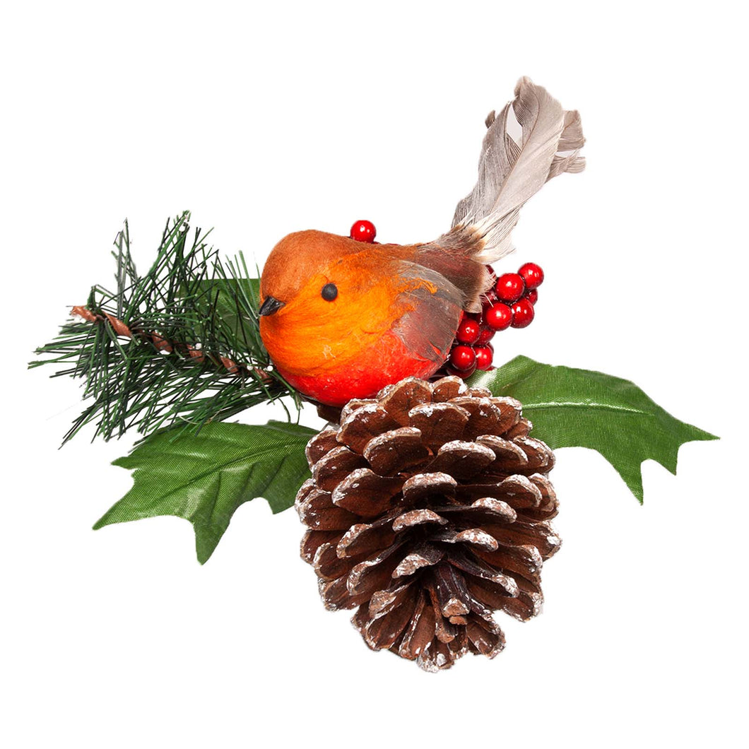 Christmas robin with a pinecone pick