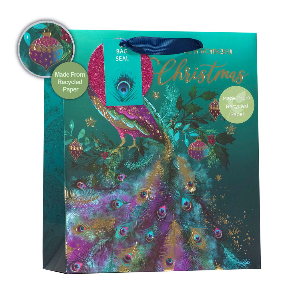 Christmas gift bag with a peacock illustrated on it