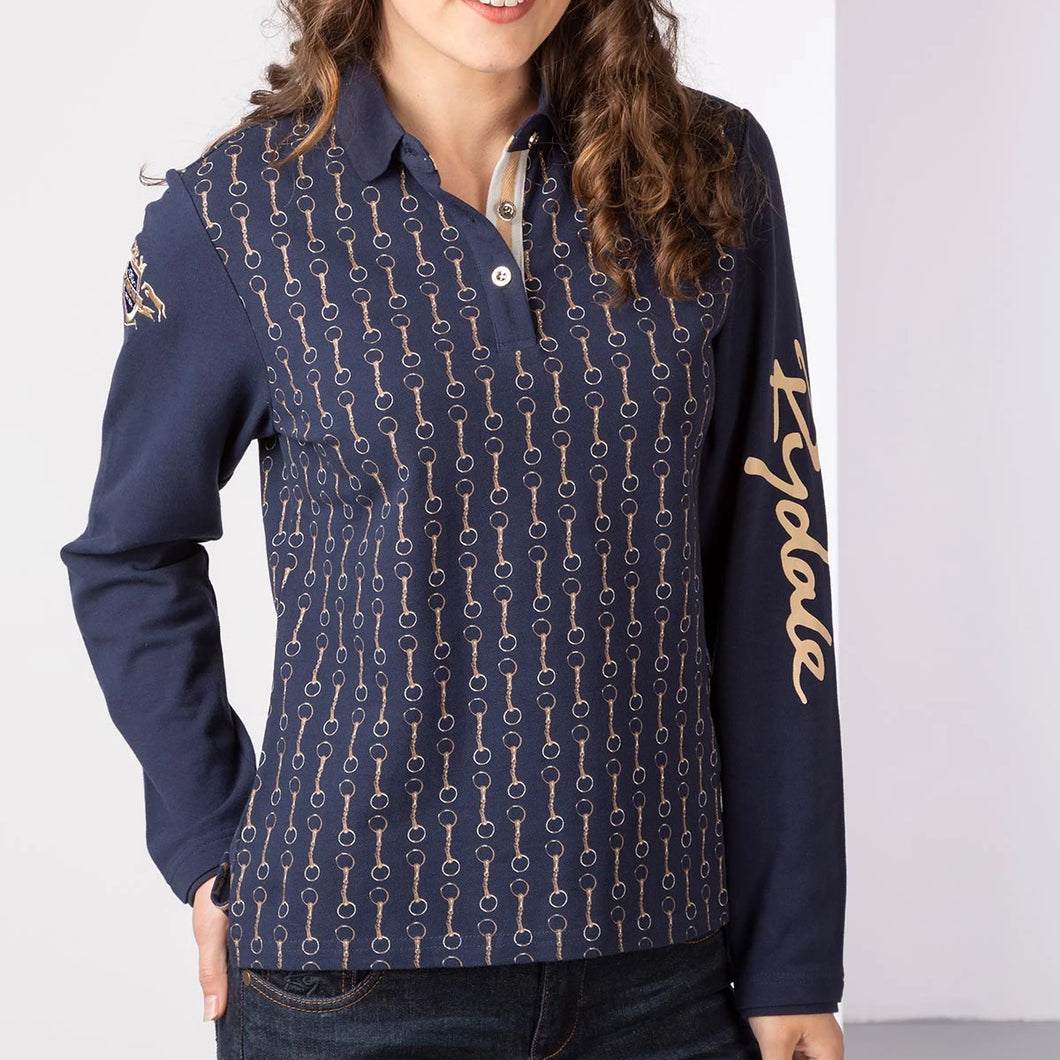 Navy & Gold Long Sleeved Polo Shirt With Printed Snaffle Pattern