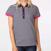 Load image into Gallery viewer, Ladies Polo Shirt With Thin Horizontal Stripes Navy Blue &amp; White