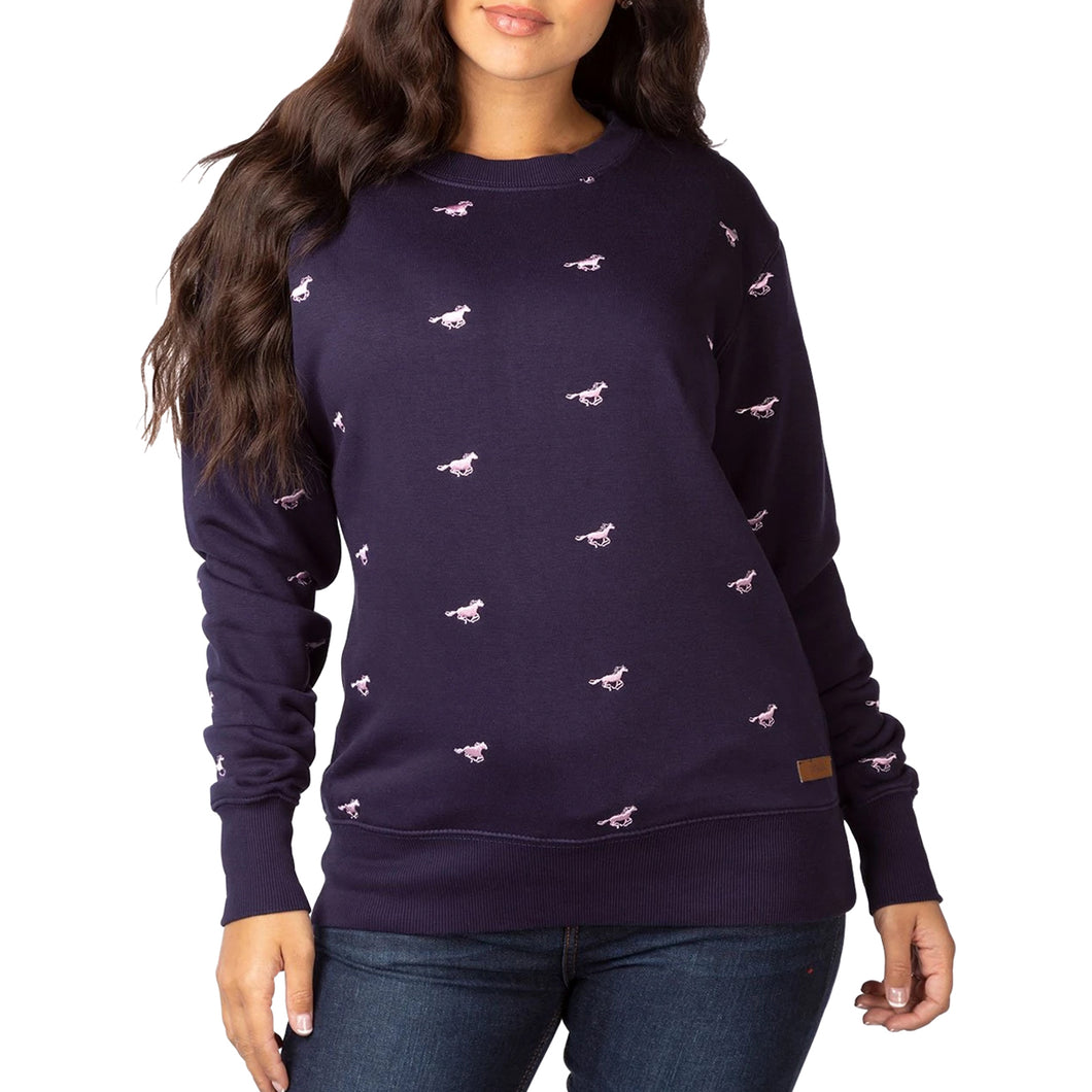 Ladies Embroidered Pattern Sweatshirt Navy With Pink Horses