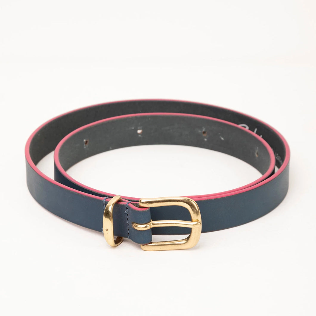 Navy Blue Leather Belt For Women With Pink Contrast Edges