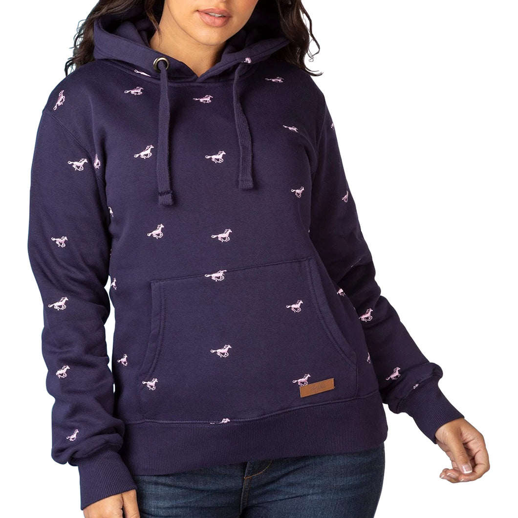 Navy Blue White Horse Pattern Embroidered Hoodies For Women