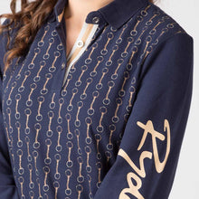 Load image into Gallery viewer, Navy &amp; Gold Long Sleeved Polo Shirt With Printed Snaffle Pattern
