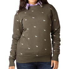 Load image into Gallery viewer, Ladies Embroidered Pattern Sweatshirt Khakhi Green With White Dogs