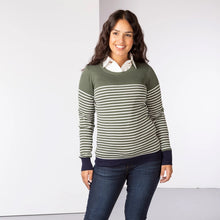 Load image into Gallery viewer, Green &amp; White Striped Ladies Crew Neck Jumper
