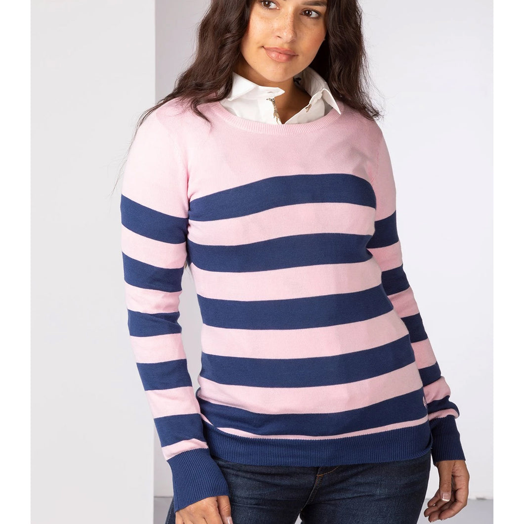 Ladies 100% Cotton Stripey Crew Neck Jumper - Blue & Pink
