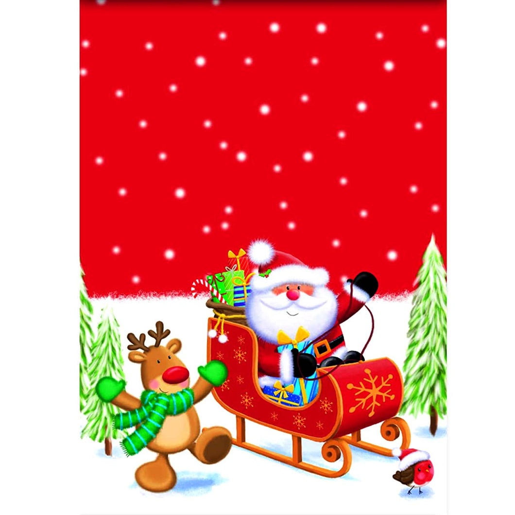 Red plastic table cover with Santa, a reindeer, and a robin on it