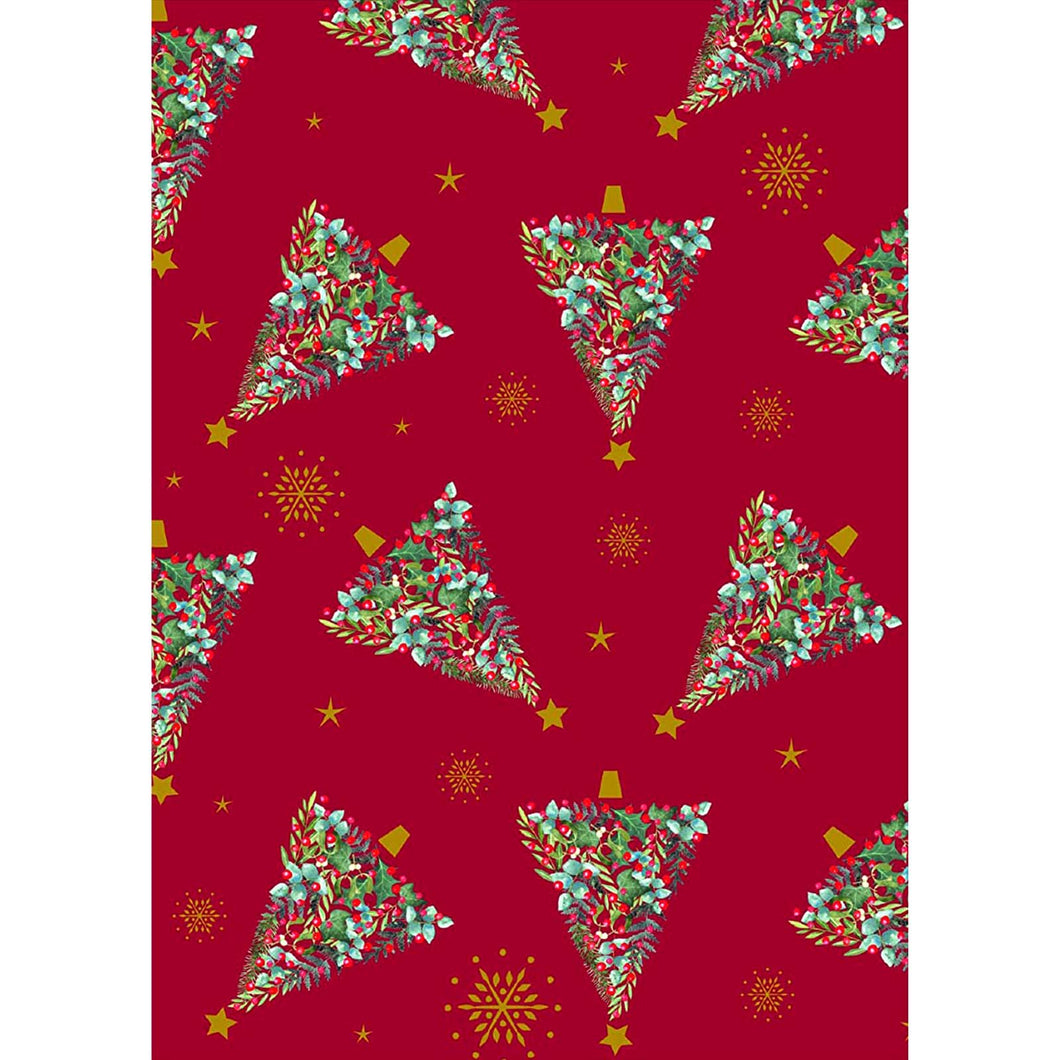Traditional plastic table cover with Christmas trees over a red background